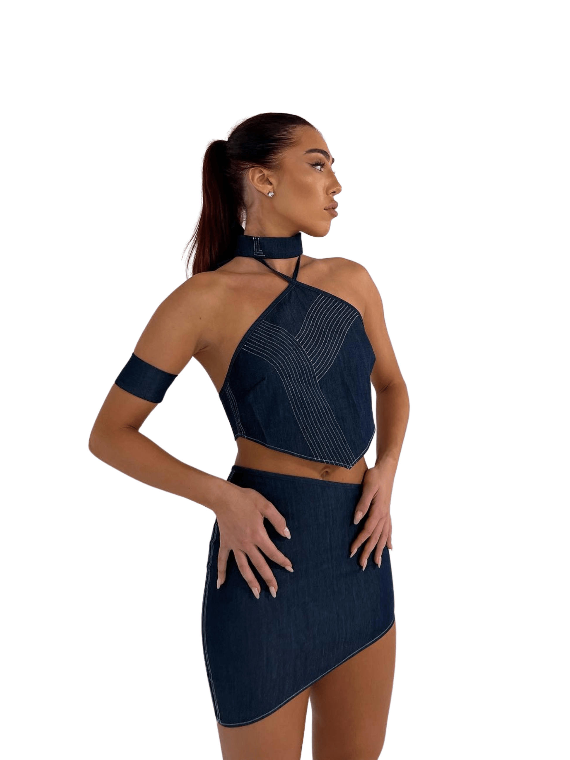 denim choker dress DENIM & CIFFON MIX BARE-TOP ONE-PIECE & CHOKER ARCANA ARCHIVE