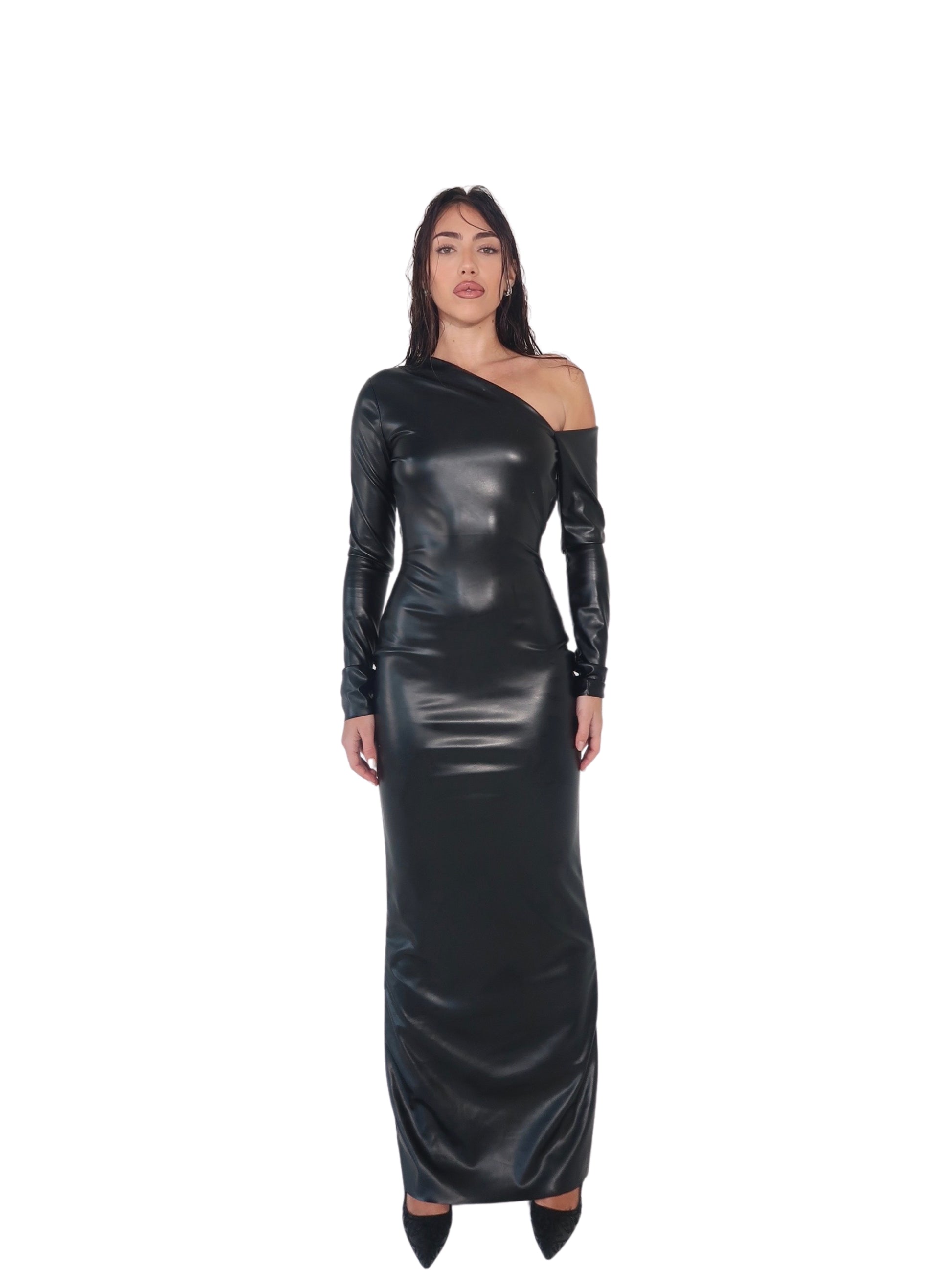 LEATHER OFF-THE-SHOULDER DRESS WITH ASYMMETRIC OPEN BACK DETAIL LARGE